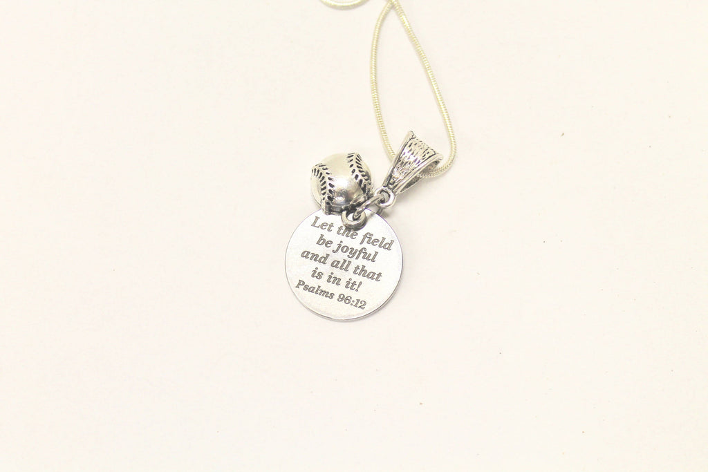 Baseball Let The Field Be Joyful and All That Is In It Pendant on Silver Chain, Psalms 96 12 Bible Verse Jewelry Gift For Her