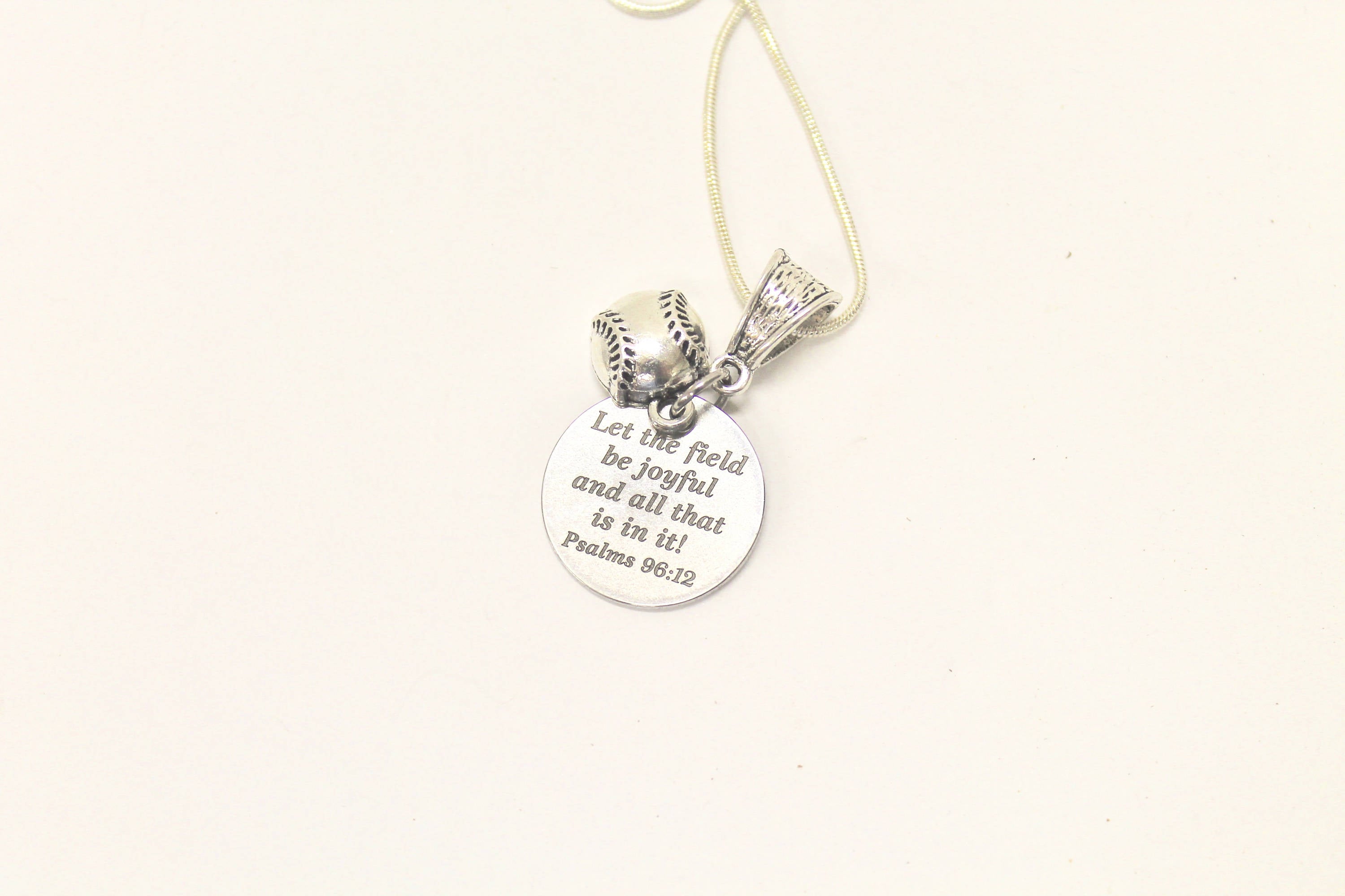 Baseball Let The Field Be Joyful and All That Is In It Pendant on Silver Chain, Psalms 96 12 Bible Verse Jewelry Gift For Her