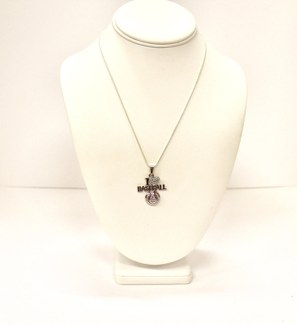I Love Baseball Rhinestone Pendant on Silver Chain, Baseball Jewelry Gift For Her, Baseball Fan Jewelry for Wife, Baseball Necklace