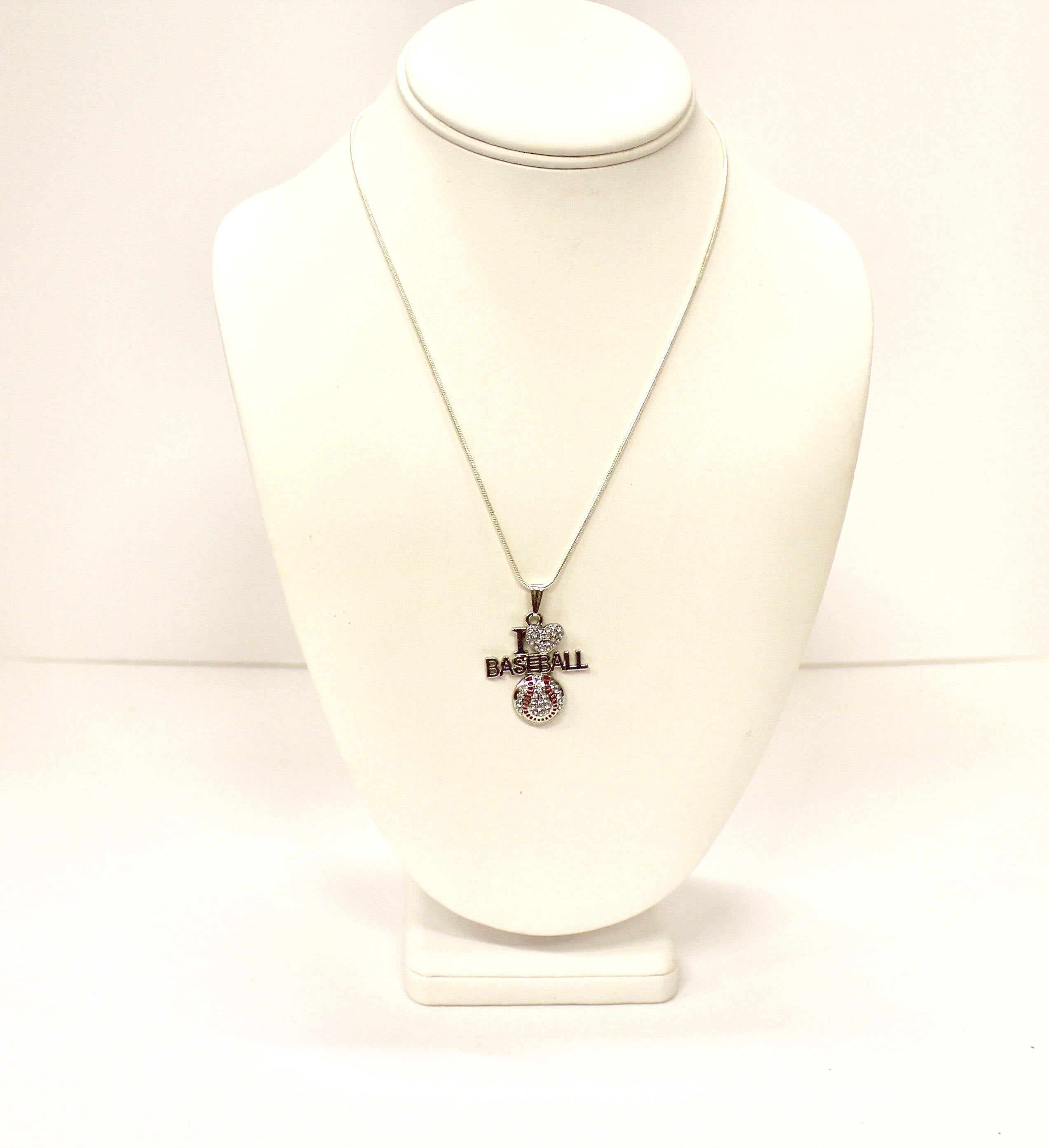 I Love Baseball Rhinestone Pendant on Silver Chain, Baseball Jewelry Gift For Her, Baseball Fan Jewelry for Wife, Baseball Necklace