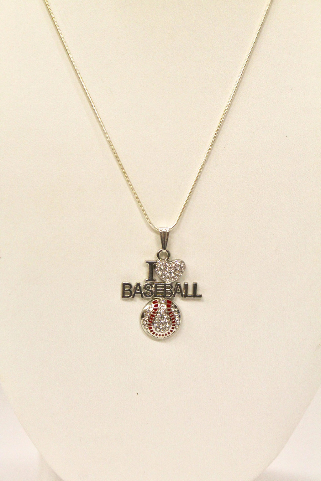 I Love Baseball Rhinestone Pendant on Silver Chain, Baseball Jewelry Gift For Her, Baseball Fan Jewelry for Wife, Baseball Necklace
