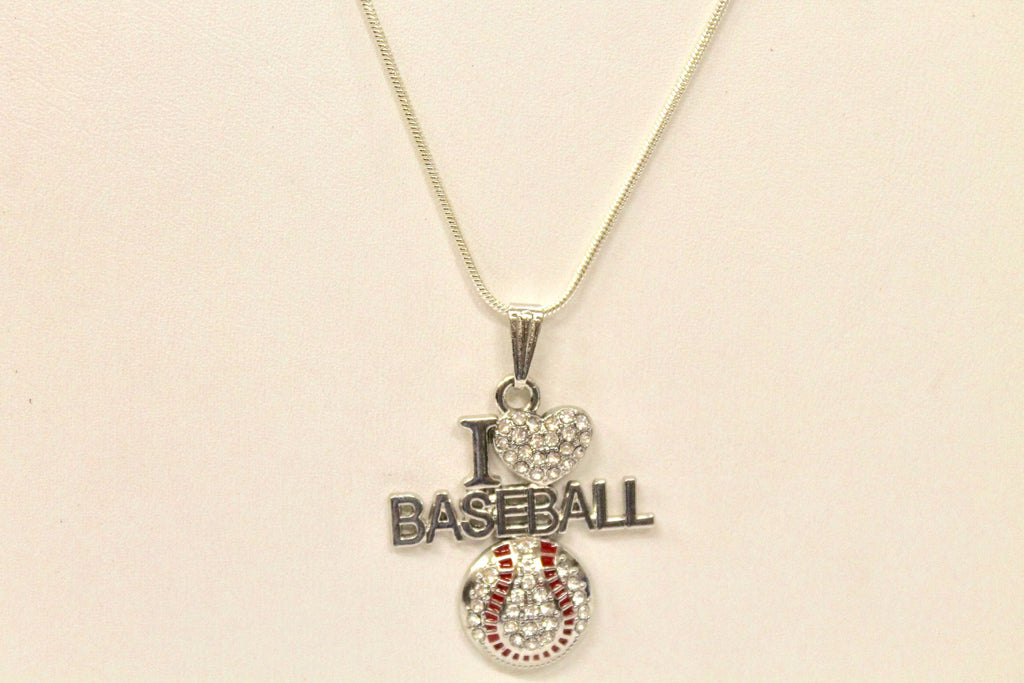 I Love Baseball Rhinestone Pendant on Silver Chain, Baseball Jewelry Gift For Her, Baseball Fan Jewelry for Wife, Baseball Necklace