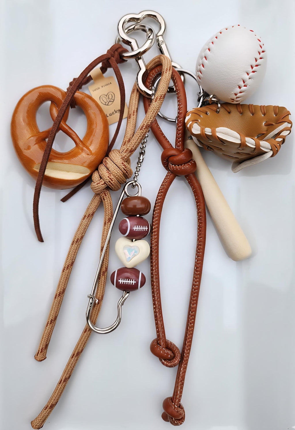 Sports & Snack Lover's Delight Bag Charm - Baseball, Football, and Pretzel Keychain